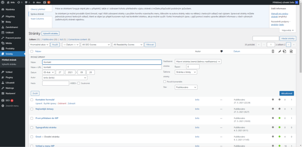 Brilo nápověda - rychlá úprava stránek ve WordPressu