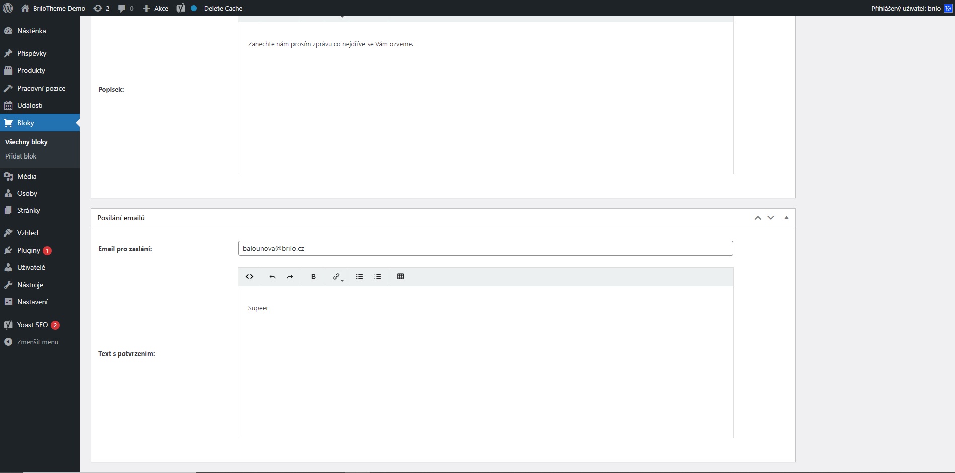Brilo nápověda - ukázka tvorby bloku kontaktní formulář ve WordPressu
