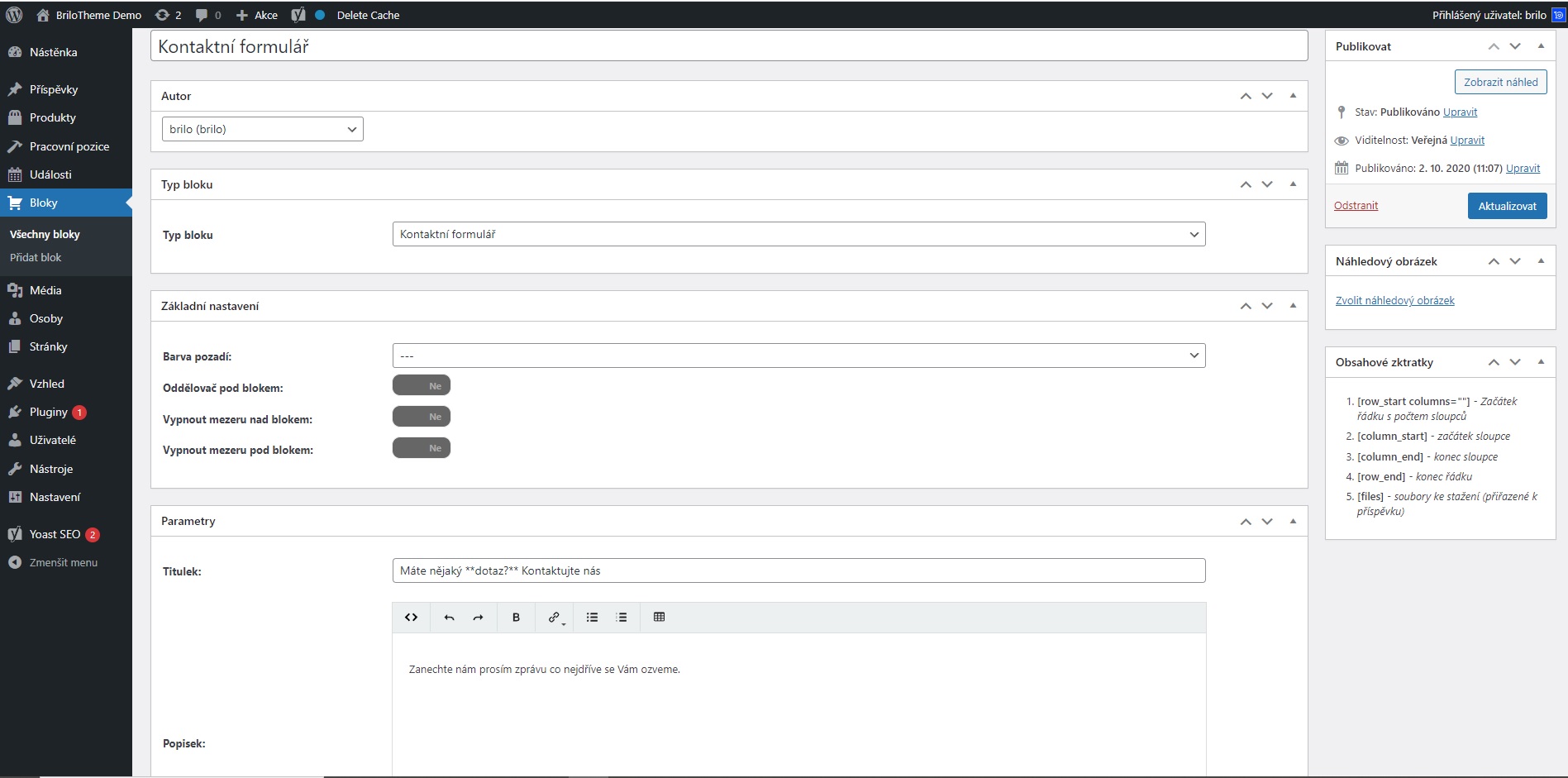 Brilo nápověda - ukázka tvorby bloku kontaktní formulář ve WordPressu