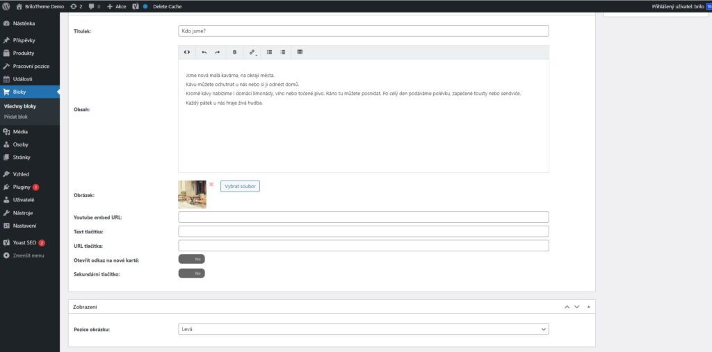 Brilo nápověda - ukázka tvorby bloku obrázek s textem ve WordPressu