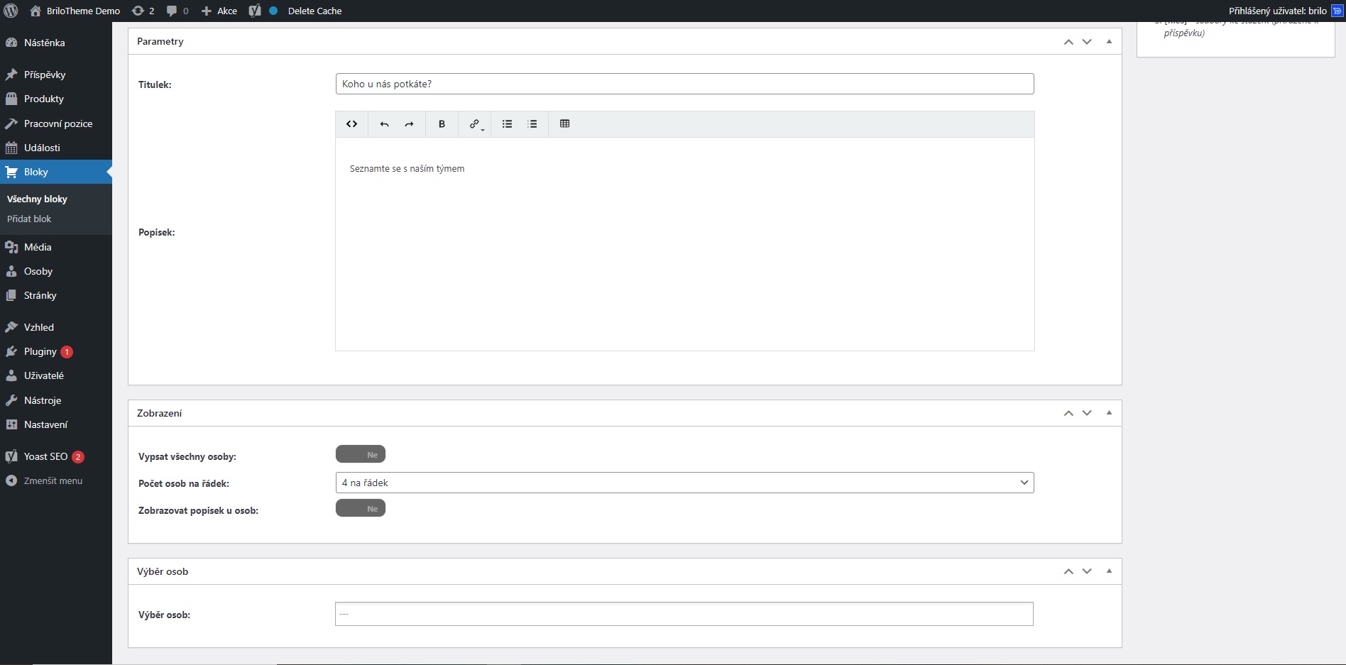 Brilo nápověda - tvorba bloku osoby ve WordPressu