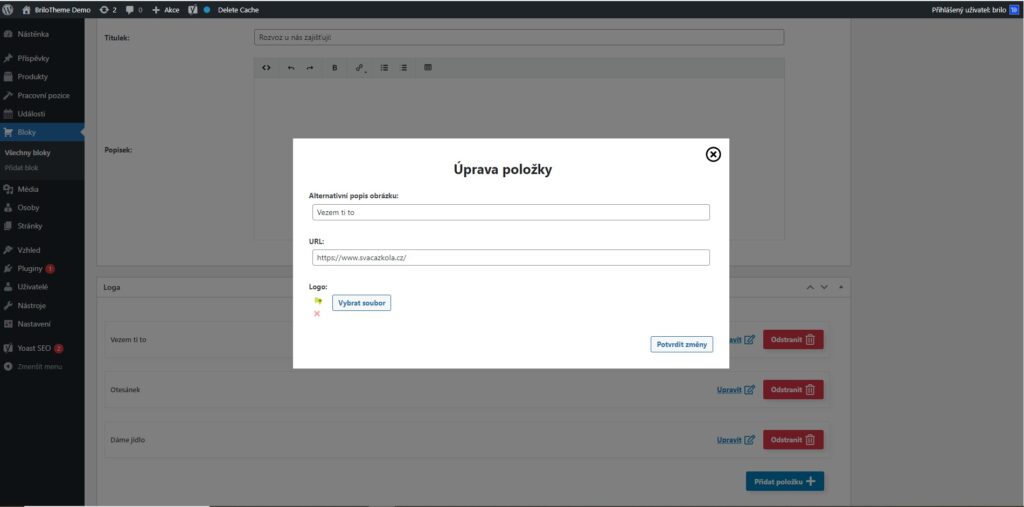 Brilo nápověda - úprava položek v bloku partneři ve WordPressu