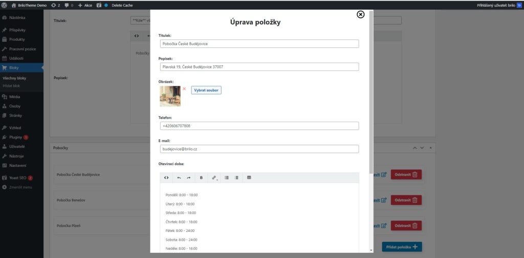 Brilo nápověda - úprava položek bloku pobočky ve WordPressu