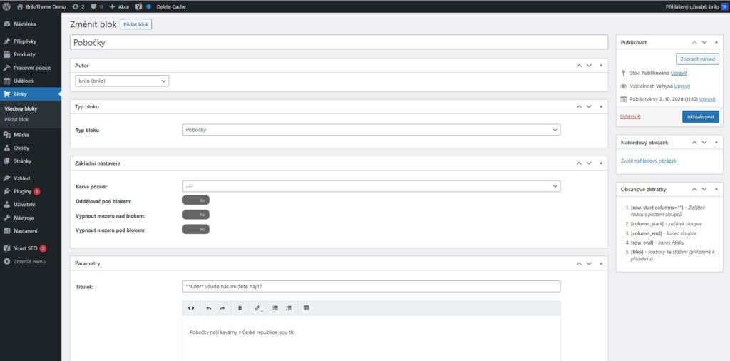 Brilo nápověda - tvorba bloku pobočky ve WordPressu
