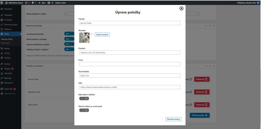 Brilo nápověda - úprava položek v bloku rozcestník ve WordPressu