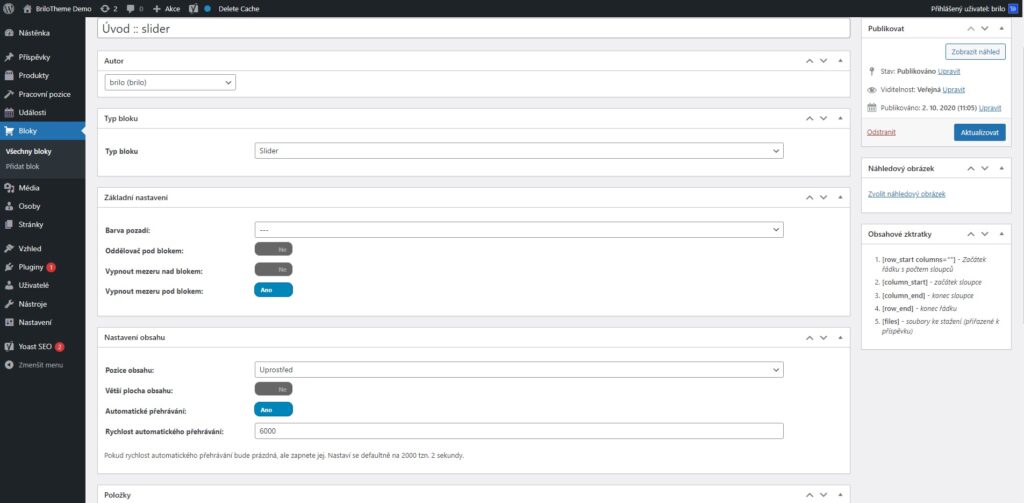 Brilo nápověda - tvorba bloku slider ve WordPressu