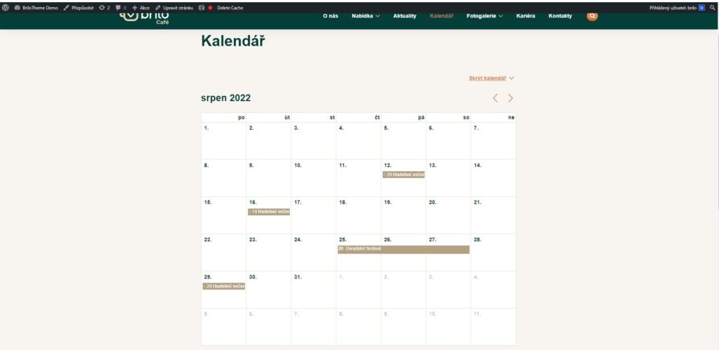 Brilo nápověda - ukázka kalendáře událostí na webu