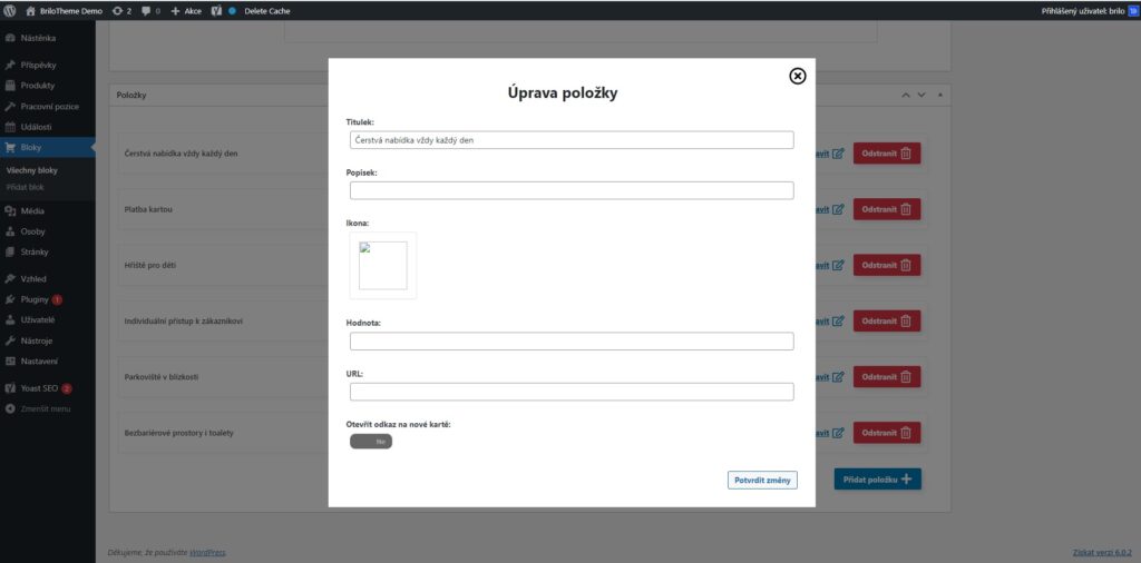 Brilo nápověda - úprava položek blokuvýhody ve WordPressu