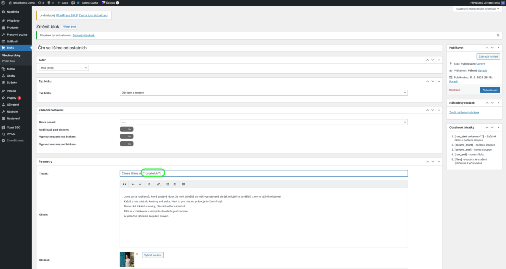 Brilo nápověda - dvojice hvězdiček za a před slovem pro změnu barvy slova