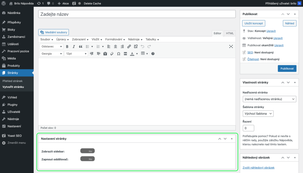 Brilo nápověda - nastavení stránky ve WordPressu