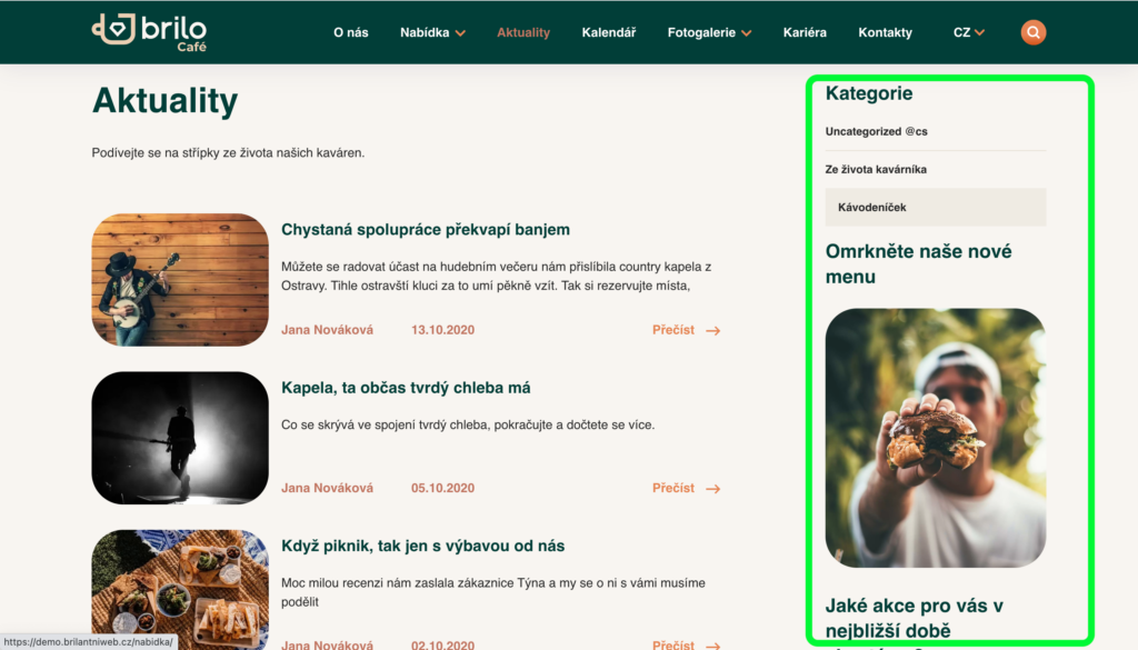 Brilo nápověda - ukázka sidebaru na webu