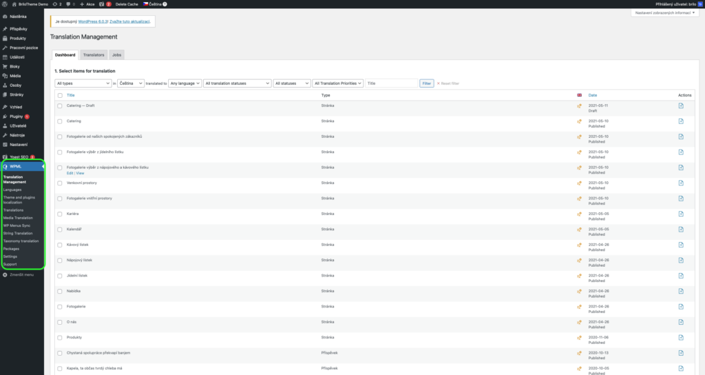 Brilo nápověda - postup překladu stránek - translation management