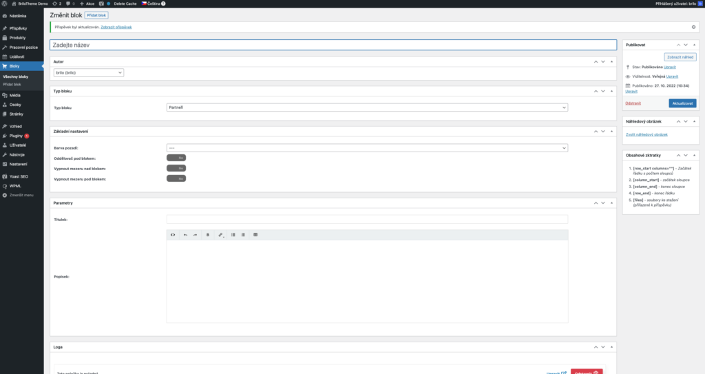 Brilo nápověda - tvorba bloku partneři ve WordPressu