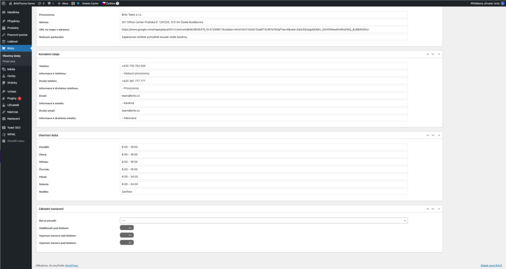 Brilo nápověda - tvorba bloku kontaktní údaje ve WordPressu