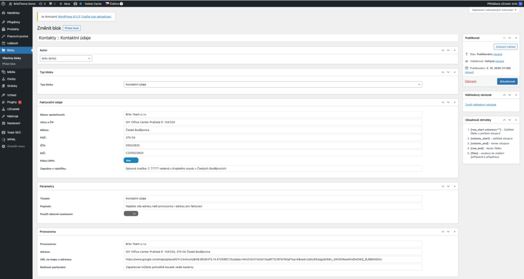 Brilo nápověda - tvorba bloku kontaktní údaje ve WordPressu