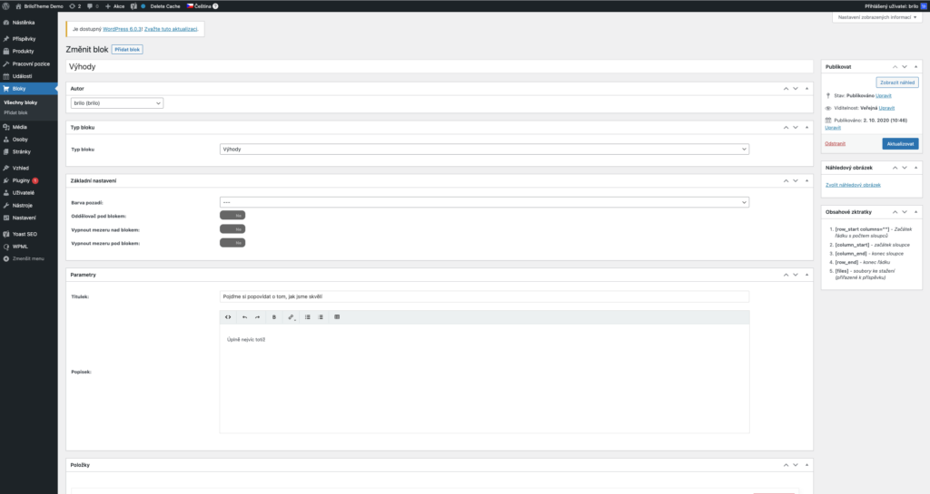 Brilo nápověda - tvorba bloku výhody ve WordPressu