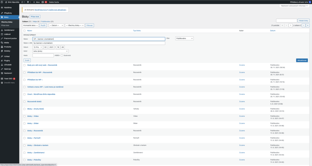 Brilo nápověda - rychlá úprava bloků ve WordPressu